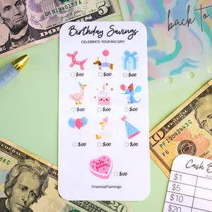 FinancialFlamingo Birthday Savings Challenge A6 Size Laminated Matte or Glossy Reusable Tracker for Gifts Parties and Celebrations