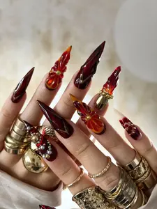 Terra Nails – Fiery Fall Press On Nails | Red Flame 3D Nail Art | Gothic Stiletto Press Ons | Luxury Crystal Pearl Nails | Handmade Autumn Nails