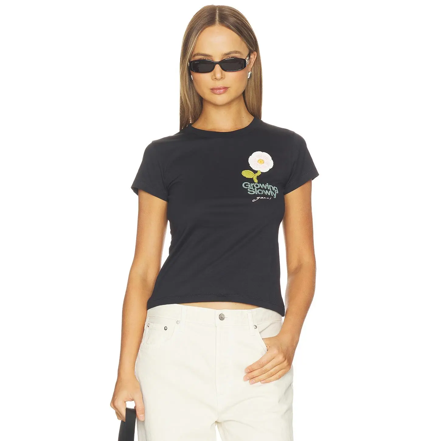 Ganni Basic Cotton Jersey Baby Fit Crochet Patch T-shirt in Phantom