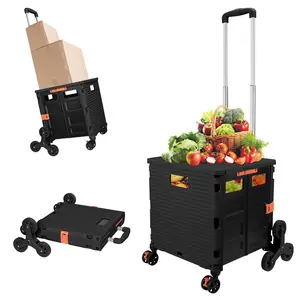 SELORSS BY06C Folding Utility Cart, Portable Rolling Crate Handcart with Stair Climbing Wheels and 360°Swivel Wheels Telescoping Handle Heavy Duty Plastic Box Dolly for Travel Shop Move Office Teacher storage cart rotate wheel