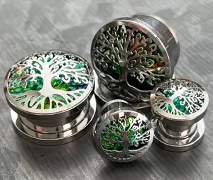 PAIR of Stunning Green Opal Glitter Tree of Life Steel Screw Fit Tunnels/Plugs - Gauges 0g (8mm) thru 5/8" (16mm)