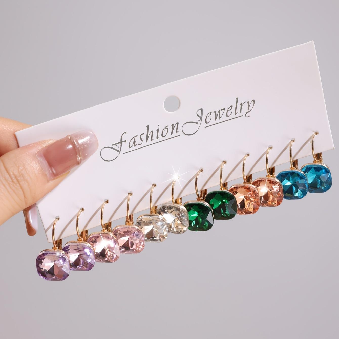 New jewelry square-shaped colorful diamond-studded earring set, light luxury and high-end feel, gorgeous geometric alloy earrings