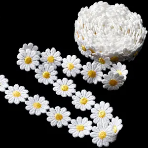 2 Yards White Daisy Lace Trim Embroidered Ribbon Roll for Bridal Bouquet Packaging Wedding Decorations DIY Crafts Sewing Accessories