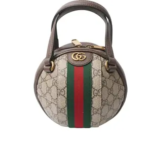 Pre-owned GUCCI canvas Shoulder Bags GG Supreme Monogram Textured Dollar Calfskin Web Mini Ophidia Basketball Shaped Shoulder Bag Beige Ebony New Acero