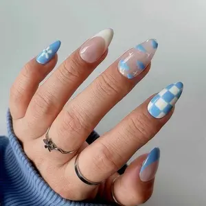 Summer Nail Art Set, 24 Pieces Dreamy Blue Checkered Cloud Flower, Includes Nail File and Jelly Stickers, Removable Design, Perfect for Daily Commute