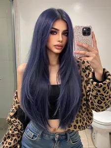 26 Inch Blue Long Straight Wigs for Women, Gorgeous Fluffy Wigs with Curtain Bangs, Synthetic Full for Party, Daily Use, Synthetic Fiber Wigs