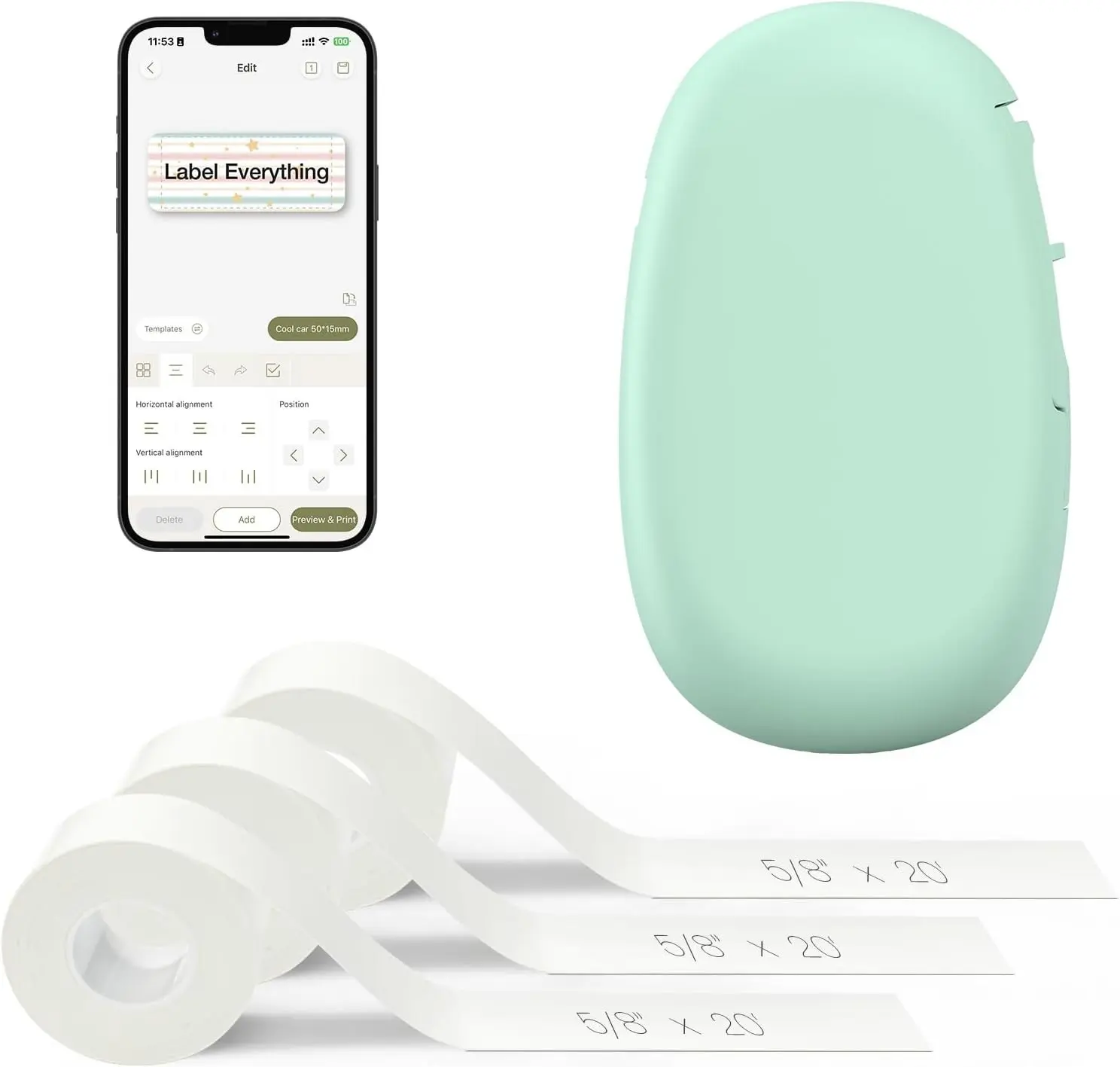 Bluetooth Label Maker Machine with 3 Tapes, Continuous Waterproof Label, Versatile App with 35 Fonts and 1k+ Icons, Inkless Labeler for Home Kitchen School Office Organization, Green