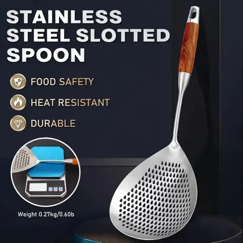 1pc Stainless Steel Colander with Ladle - 2026 Upgraded Thick Ultra-Fine Mesh, Lightweight Metal Utensils, Hanging Handle, Wood Heat Insulation Spoon, Family Kitchen Food Strainer for Fry Oil Skimming
