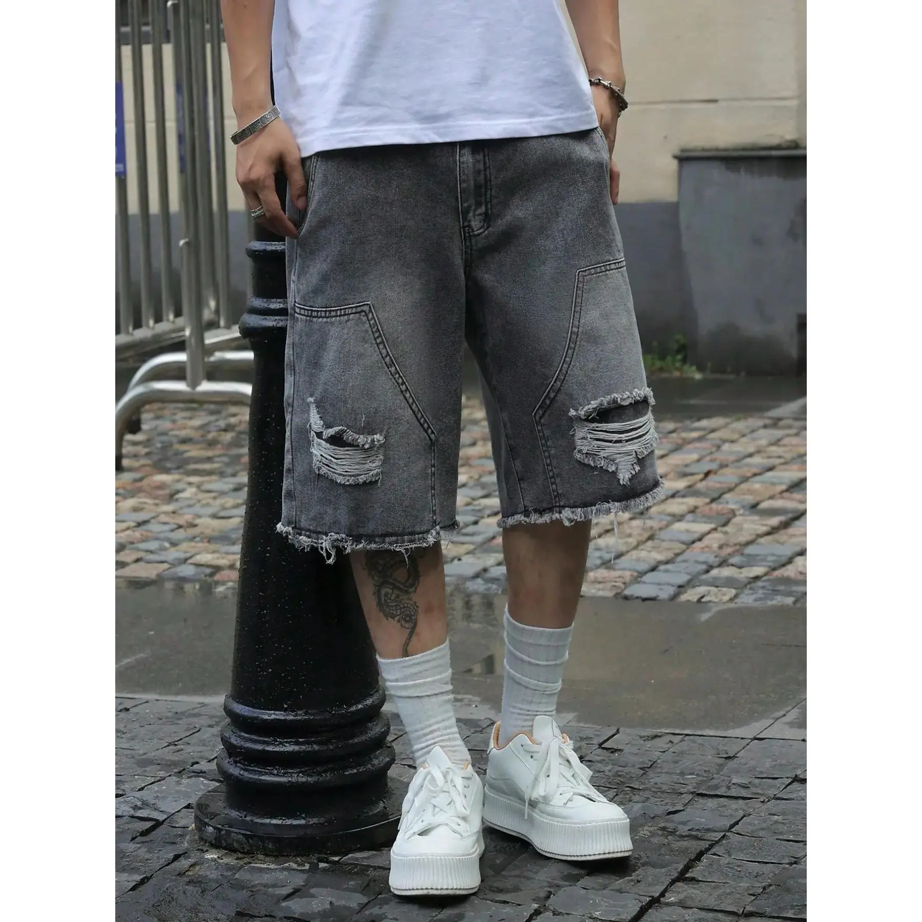 Men Vintage Distressed Cargo Shorts Pocket Loose Fit Retro Denim Summer Fashionable Casual Durable Menswear 2026