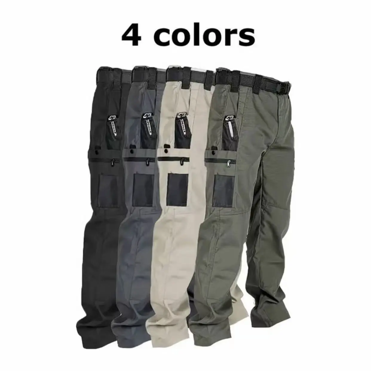 Men's 4-Pack Long Tactical CargoPants - Casual Fit Trousers, Stylish, 10-Pockets,Fitted Mid-Waist Polyester, Elastic Waistband,Breathable, Colorblock/Solid, All-Season, Outdoor,Ideal for Construction Workers, Hiking