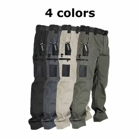 Men's 4-Pack Long Tactical Plain Work Trousers - Stylish Look, Casual Fit, Mid Waist, Fitted Cut, Elastic Waistband, 10 Pockets, Breathable Polyester, Colorblock/Solid, All-Season, Below Ankle, Outdoor, Ideal for Construction Workers, Machine Washable