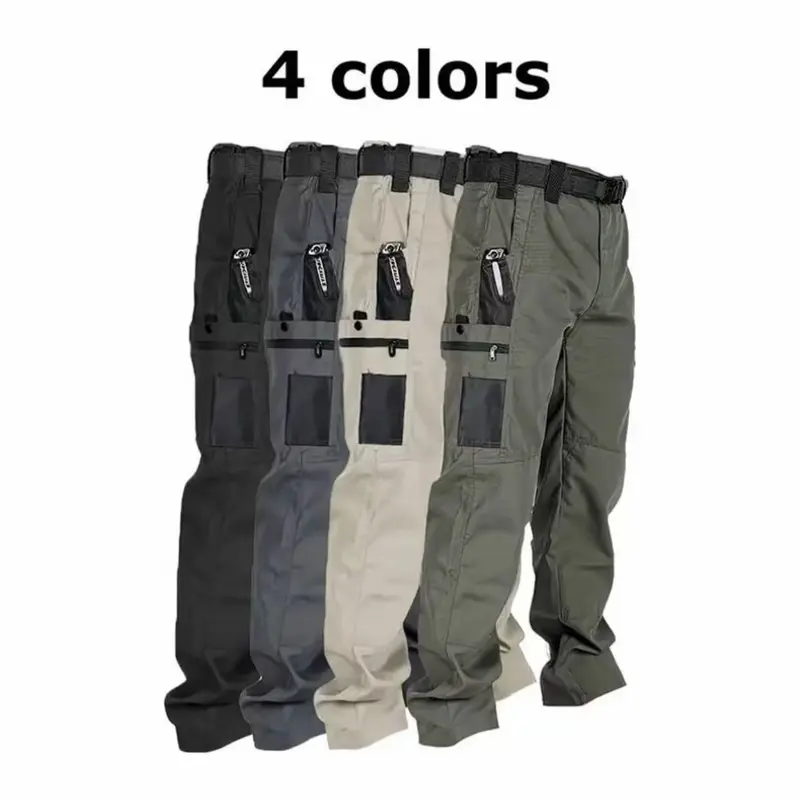 Men's 4-Pack Long Tactical Plain Work Trousers - Stylish Look, Casual Fit, Mid Waist, Fitted Cut, Elastic Waistband, 10 Pockets, Breathable Polyester, Colorblock/Solid, All-Season, Below Ankle, Outdoor, Ideal for Construction Workers, Machine Washable