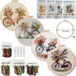 Flower Bicycle Embroidery Kit DIY Stitching Materials Set English Guide Handmade Needlework Craft Project for Beginners Home Decoration Art Supplies