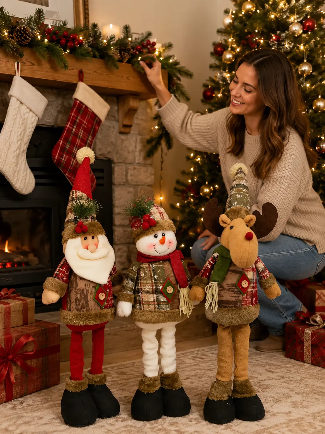 3 Pack Christmas Plush Decor, Freestanding Santa Snowman Reindeer Figures with Telescopic Legs, Cute Holiday Decorations for Home, Fireplace, Tree, Entryway & Christmas Gifts