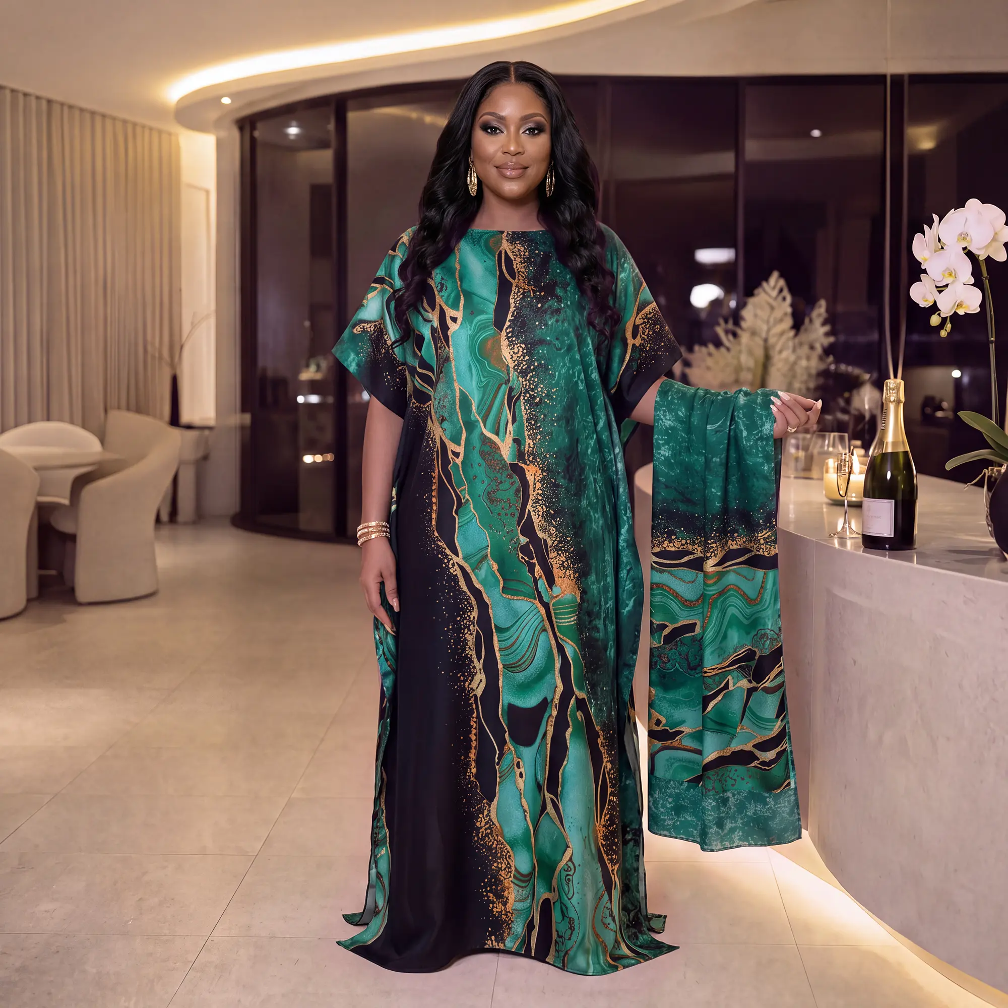 Moomoo Luxury African Print Satin Kaftan Robe, Oversized Long Maxi Dress With Shawl, Bohemian Abaya Dress For Ladies Evening Outfit