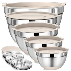 8PCS  Mixing Bowls with Airtight Lids Set, Stainless Steel Khaki Nesting Bowls with Grater Attachments, Kitchen Bowls with Non-Slip Bottoms, Size 5, 4, 3.5, 2, 1.5QT for Mixing & Serving