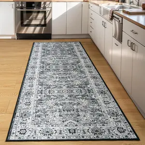 Runner Rug for Hallway 2x6 Washable Rug Runner Non-Slip, Soft Boho Floral Carpet Low Pile Vintage Long,, Bedroom, Laundry,, Living Room Rugs (Grey)