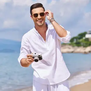 COOFANDY Men's Cotton Linen Henley Shirt Long Sleeve Hippie Casual Beach T Shirts