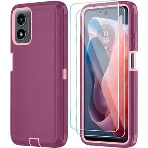 Phone Case for Motorola Moto G Play 2024 4G Case with HD Screen Protector, Heavy Duty Shockproof & Dropproof 3-Layer Cover Phone Case for Moto G Play 2024 (WineRed Pink)