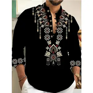 Men's Trendy Black Long Sleeve Button-Up Shirt with Vibrant Patterns - Casual Polyester Blend, Stand Collar, Machine Washable - Perfect for Spring & Fall, Everyday Fashion |   Modern Casual Shirt |   Jacquard Weave, Gift for Eld, Gift for Ramadan