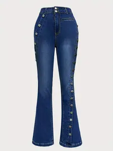 Classic - Revival High - Waisted Flare Jeans for Women - Dark Blue Denim, Stylish Side Button Feature, Cozy & Relaxed Fit, Suitable for Any Casual Occasion-Plus Size Ruched Front Zipper Pants-Tummy Control Jeans-Free People Jeans-Jeans for Women