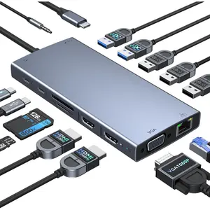 USB C Docking Station Dual  15 in 1 Laptop Docking Station Triple Display USB C Hub Multiple Adapter Dongle with 4K HDMI+VGA+USB Port+Button+PD+Ethernet for   Thinkpad Surface