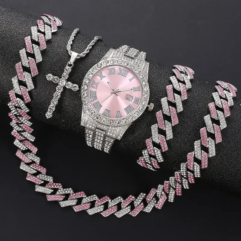 Women's Pink Quartz Jewelry Watch Set, Accessory Set, With Silver & Pink Color Dial, Alloy Chain Business Style, Includes Necklace Bracelet, Best Gift Choice For Black Friday Deal