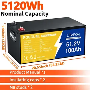 POERUNI 48V 100Ah LiFePO4 Lithium Battery 5120Wh Deep Cycle BMS For Golf Cart Solar RV