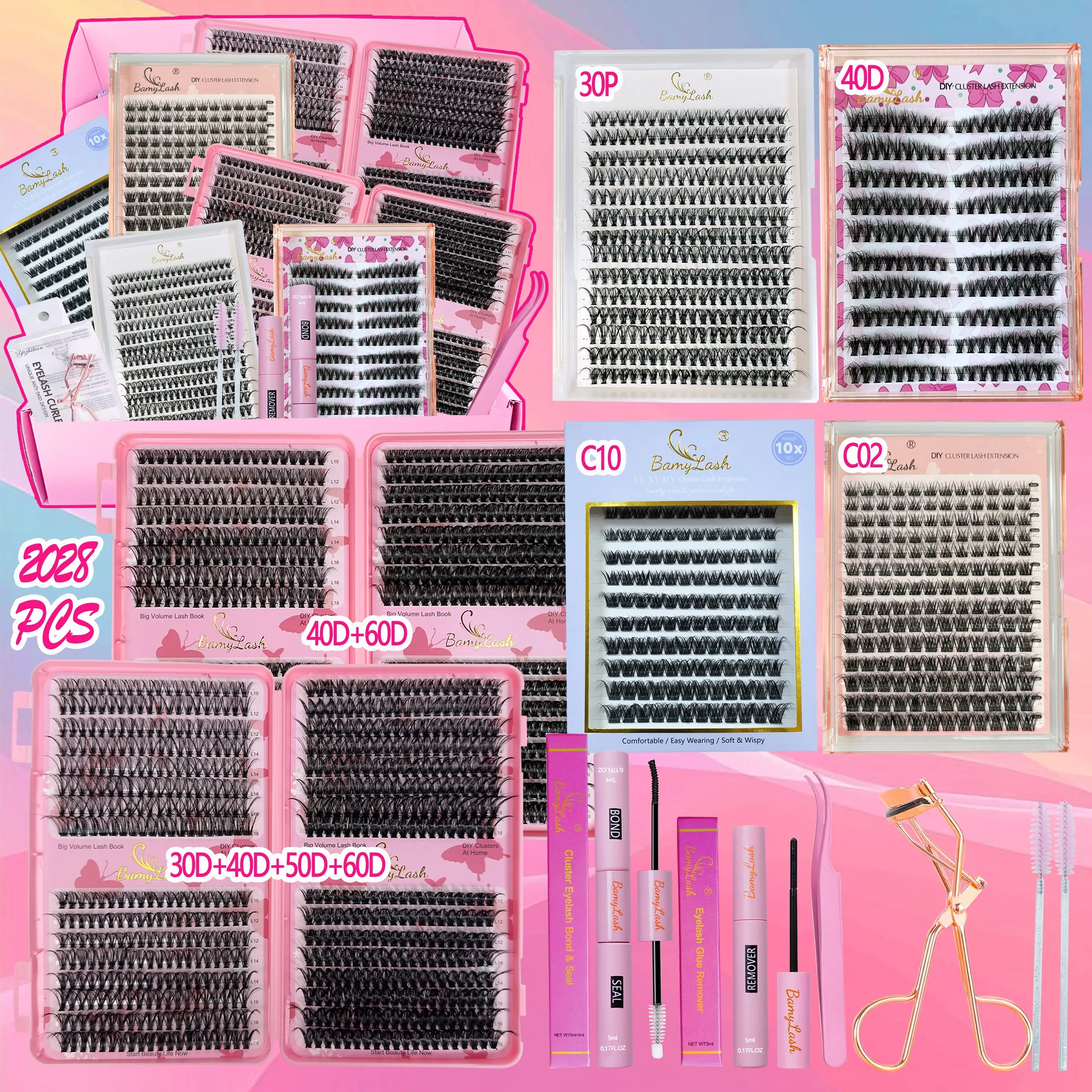 Big Pack of Cluster Eyelashes Kit, Eyelashes Extension Set, with Bond Seal Remover, Applicator, Lash Curler, Brushes, Mixed Styles & Lengths, Cluster Lash Extension, DIY Eyelashes Clusters, Cluster Eyelash Gift Pack