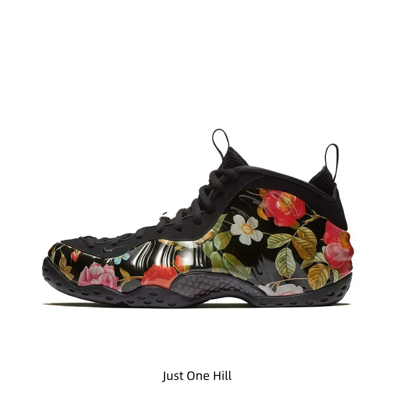 Black Floral Print Foam Mid Basketball Sneakers Vintage Flower Foam Shell Rubber Outsole Unisex Retro Street Trainers