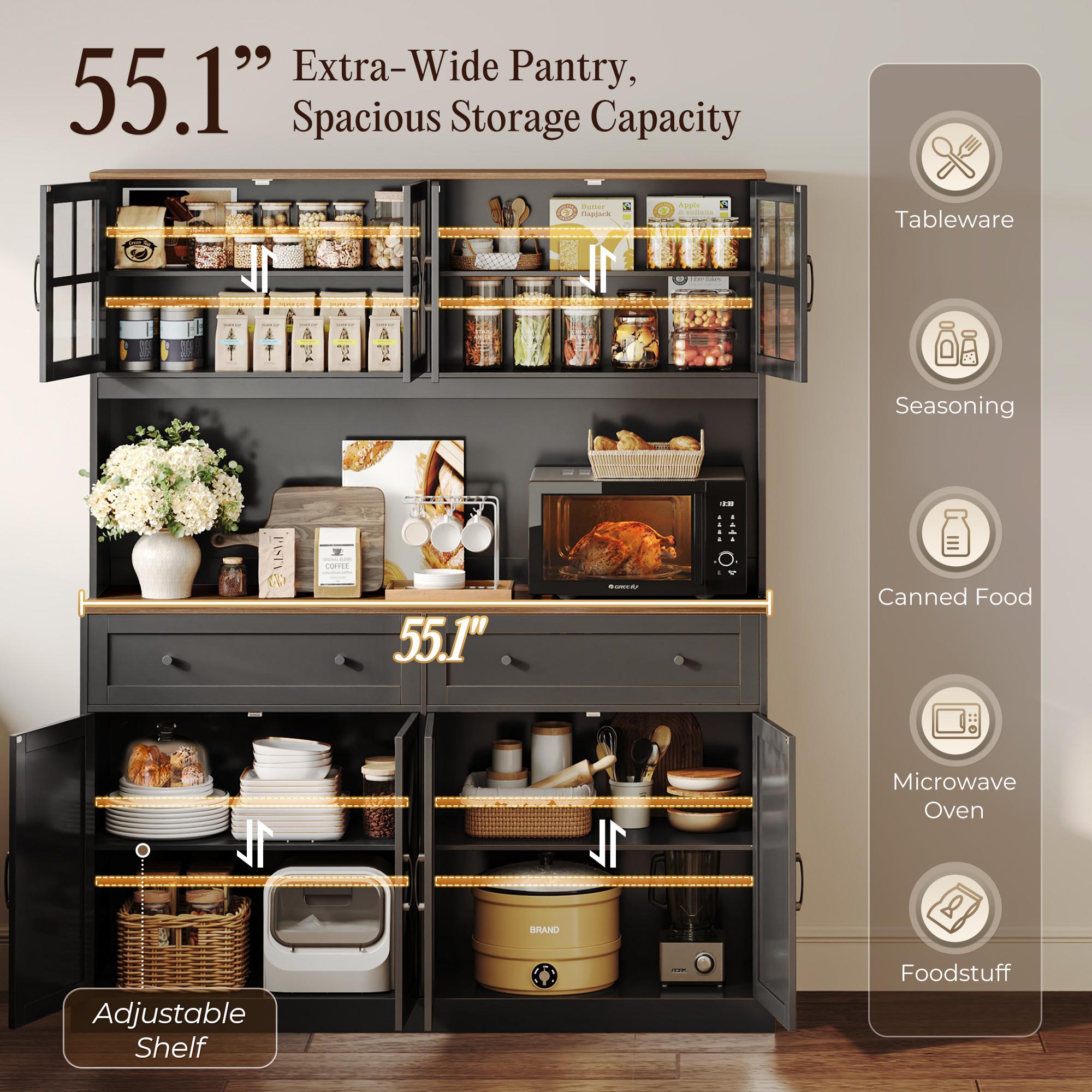 【2 Packages Shipping】PRAISUN 71''H x 55.1''W Pantry Cabinet with Charging Station, 4 Wide Cabinets Kitchen Pantry with 2 Drawers, Farmhouse Hutch Storage Cabinet, Tall Coffee Bar, Acrylic Door, Adjustable Shelves 【2 Packages Shipping】PRAISUN 71''H x 55.1''W Pantry Cabinet with Charging Station, 4 Wide Cabinets Kitchen Pantry with 2 Drawers, Farmhouse Hutch Storage Cabinet, Tall Coffee Bar, Acrylic Door, Adjustable Shelves