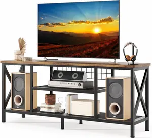 Gizoon 59.8" Industrial TV Stand for 55-65 Inch TVs, Rustic Brown, 3-Tier Media Entertainment Center with Open Shelves, Metal Frame, Sofa Table for Living Room, Bedroom, Office