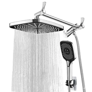 12 Inch Rainfall Fixed Shower Head/Handheld Shower Head Combo Height/Angle Adjustable Top Spray Wall-Mount Shower Set 3+1 Settings Handheld Top Spray Showerhead with Extension Arm