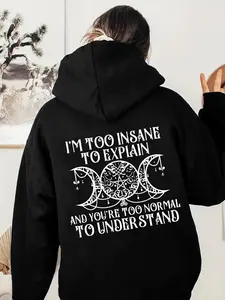 Women's Letter & Moon Print Drop Shoulder Hoodie, Fashion Casual Drawstring Pocket Hooded Sweatshirt for Daily Holiday Outdoor Wear, Ladies Clothes for Fall & Winter