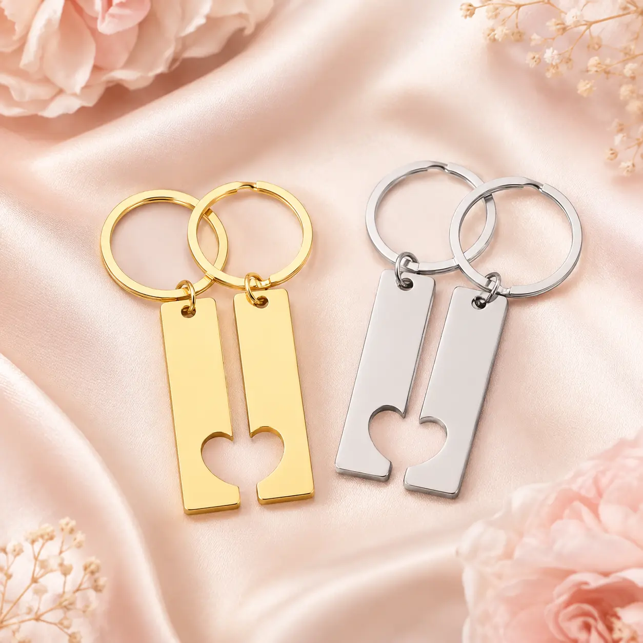 Unisex Couples Customized Engraved Stainless Steel Keychain Set - 2-Piece Fashion Accessory Jewelry Set