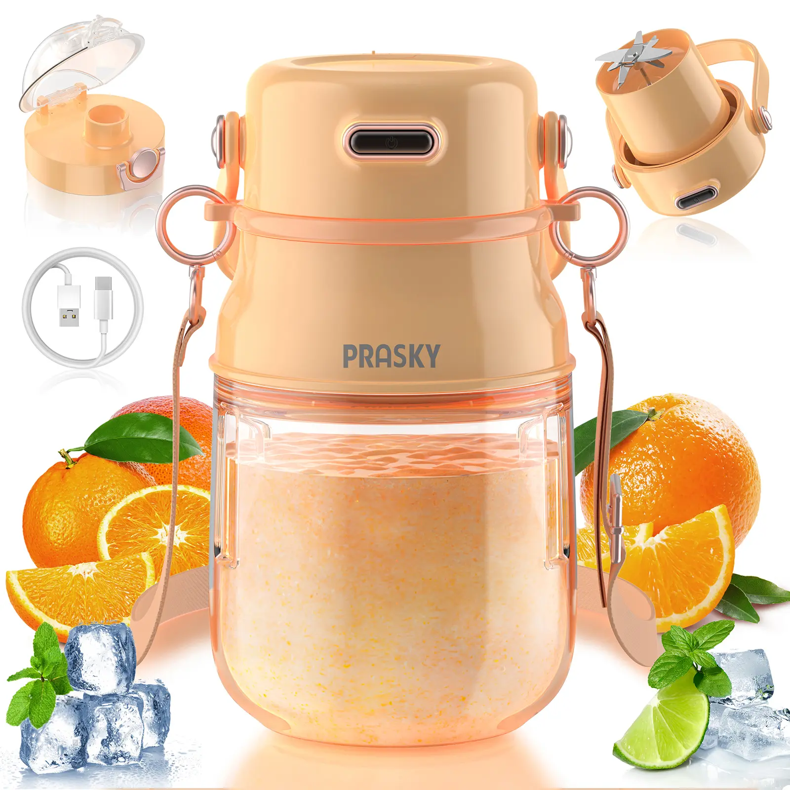 PRASKY Personal Size High Speed Blender for Shakes - 27oz USB-C Rechargeable, BPA-Free Blending Bottle with Lid, Compact Carry Shoulder Strap for Gym & Travel