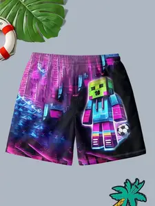 Cyber Pixel Character Football Print Beach Shorts, Gradient Cool Summer Casual Short Pants, Fitted Boxers Trunks, Swimming Shorts
