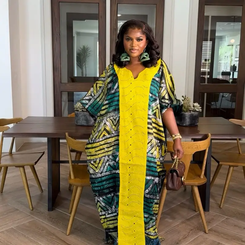 Adire Maxi Kaftan Bubu Dress for Women - Stylish Elegant Casual Comfortable Everyday Wear Yellow Green Print Fashionable Women's Clothing