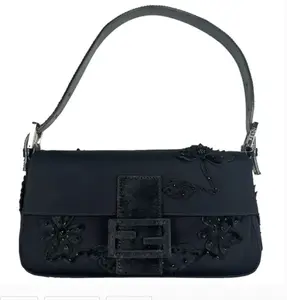 Pre-owned FENDI Pony Hair Baguette Black Beaded Appliqué Floral Detail & Strap Flap Purse