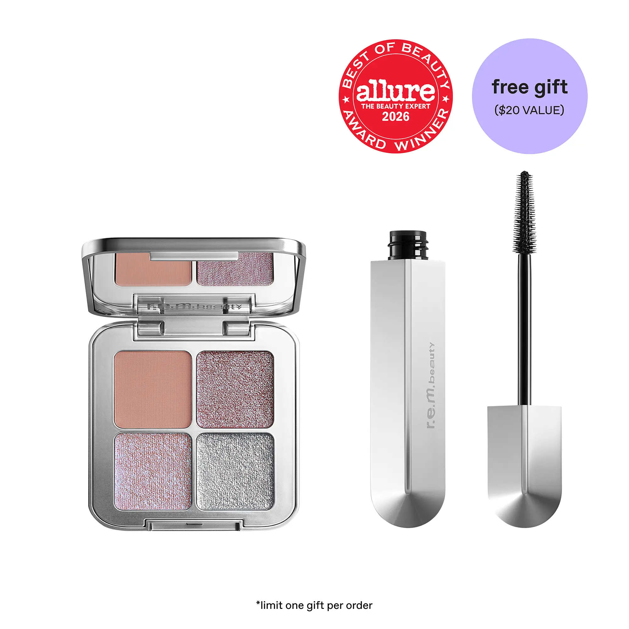 TikTok Exclusive - r.e.m. beauty by Ariana Grande sweet dreams eyeshadow quad makeup + free mascara (GWP) - long wearing, clean, talc-free, vegan, buildable color