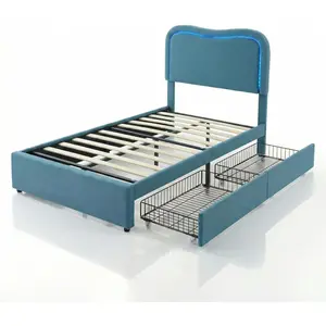 Garvee Blue LED Twin Size Platform Bed Frame with Storage Drawers and Upholstered Headboard, Sturdy Wood Slat Support, No Box Spring Needed, Noise-Free Design for Comfortable Sleep
