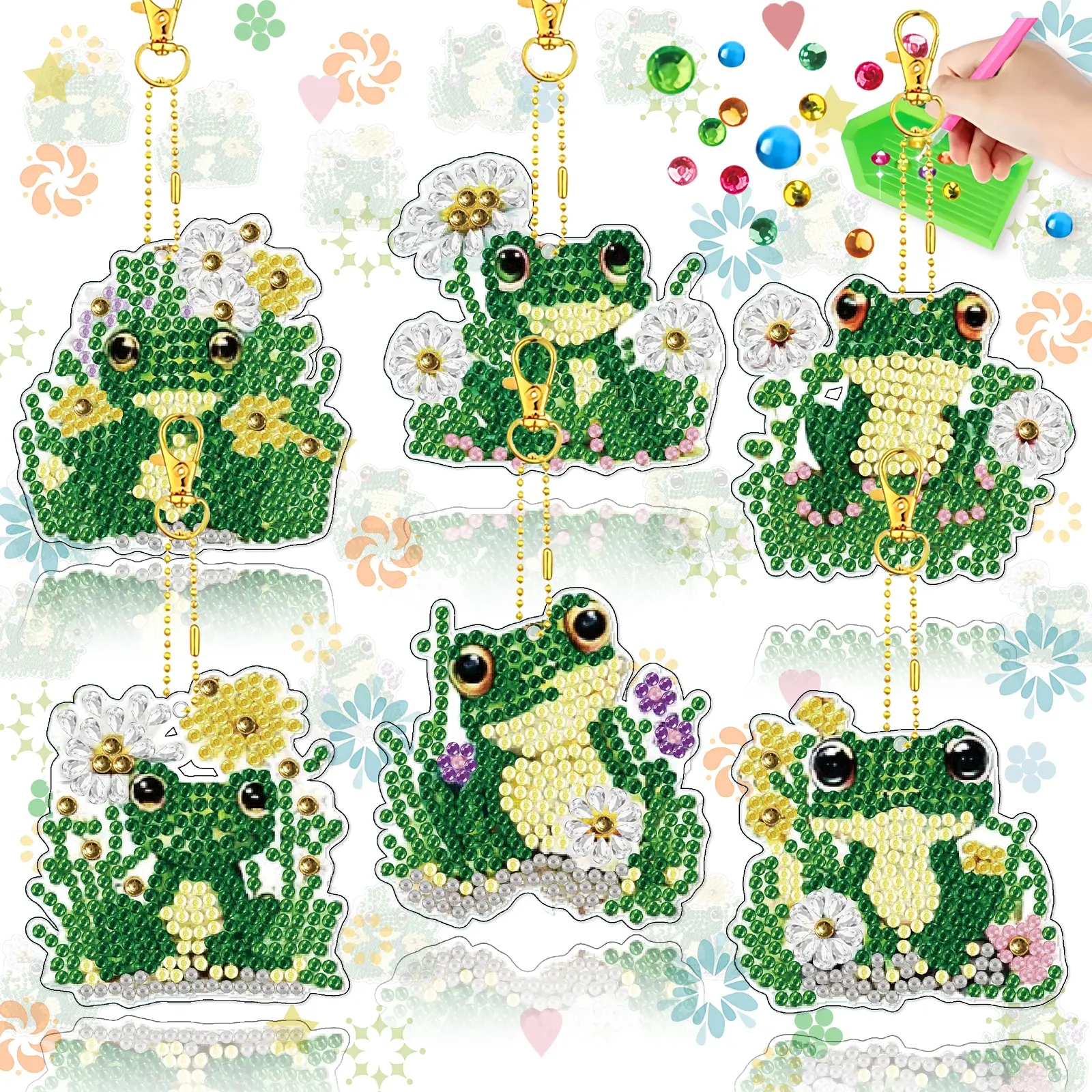 6-piece DIY Craft diamond painting keychain set, Qinwa 5D diamond art pendant, handmade art decoration, includes tool kit and key chain, suitable for adults.
