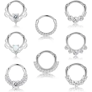 KIASASO Unisex 8PCS 16G Rust-Resistant Stainless Steel Hinged Segment Clicker Rings, CZ Opal Design, Multiple Styles for Septum, Cartilage, Helix Piercings, Nose & Ear Jewelry, Ideal Gift Choice