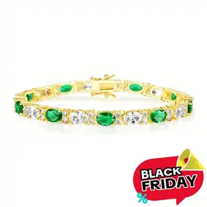 3*5mm Oval Green & White Zirconia Bracelet, Unisex 6.5-8.5 Golden Chain, Durable Neutral Style, Ideal for Weddings, Parties, Gifts, Chic Luxurious Design ATS63749