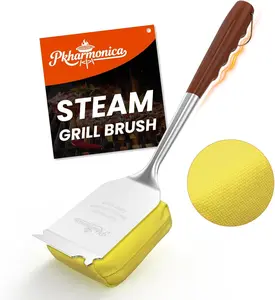 Grill Brush Bristle Free w/Replaceable Yellow Head, Enamel Safe, 17" Long Handle Grill Cleaner for Outdoor BBQ & Griddle, MAX Stainless Steel Scraper, Corner Reach for Cast Iron Steel