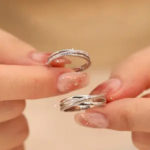 Zircon Cross Line Open Ring – Adjustable Couple Jewelry for Daily Wear, Party & Anniversary Gift