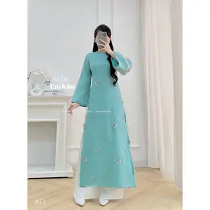 Aqua round embroidery with Pearl Ao Dai A11