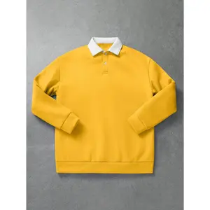 Men’s Bright Yellow Long-Sleeve Polo Shirt with Contrasting White Collar, Regular Fit Casual Top for Streetwear and Y2K Fashion