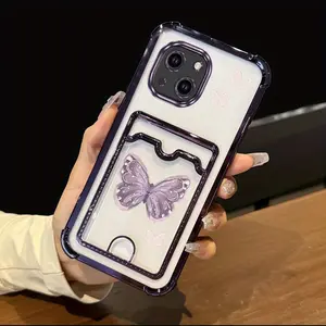 15 Plus Elegant Transparent Plating Card Holder Slot Phone Case For Compatible With iphone 15 Plus Romantic Beautiful Dreamy Purple Butterfly Protector Design Perfect for Fashion Girl Used