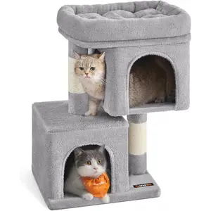 Cat Tree, 26.4-Inch Cat Tower, Plush Condo for Kittens up to 7 lb, Large Perch, 2 Caves, Scratching Post, Light Gray UPCT611W01